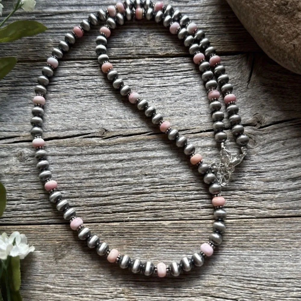 Southwestern Sterling Silver Pink Conch 6mm Pearls Bead Necklace 22 Inch - Picture 3 of 12